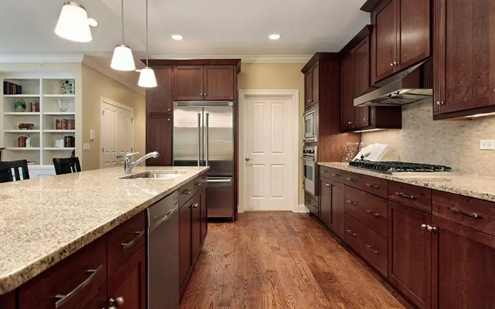 What color flooring goes with brown cabinets